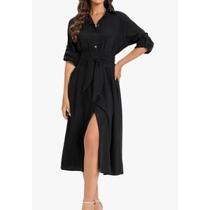 9448 Women's Black Button Down Front Tie Midi Shirt Dress Long-Sleeved, Sz 2xl